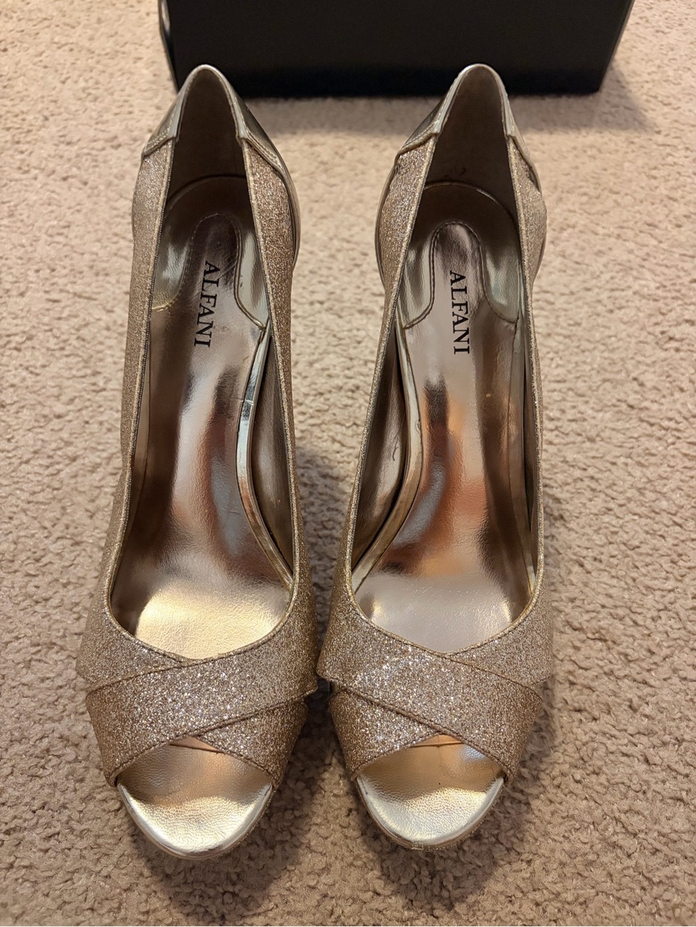 Alfani Glitter Peep-Toe Heels in Shimmering Gold